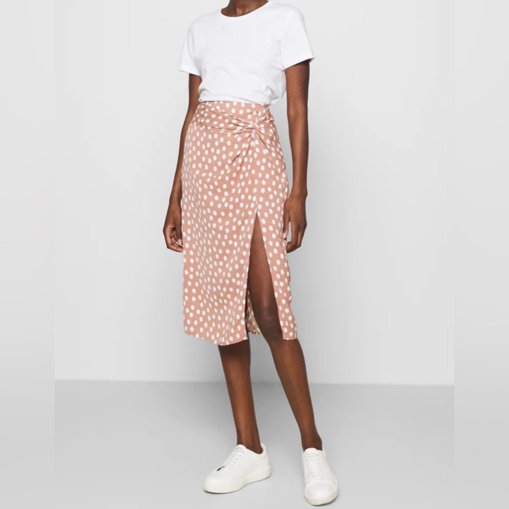 Abercrombie & Fitch Blush Pink Spotted Twist Front Slit Satin Midi Skirt XS